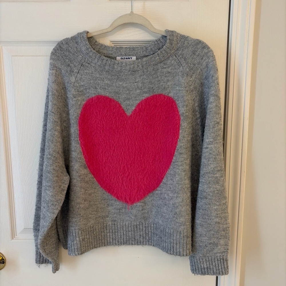 Old Navy Gray Crewneck Sweater with Pink Heart